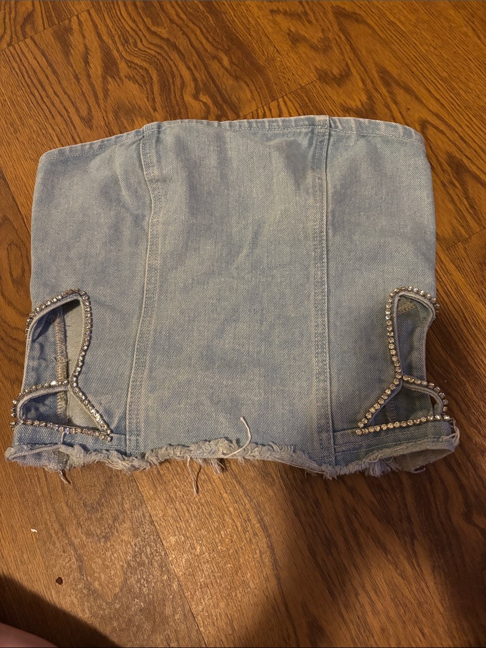 PrettyLittleThing Light Blue Denim Crystal Trim Strapless Crop Top